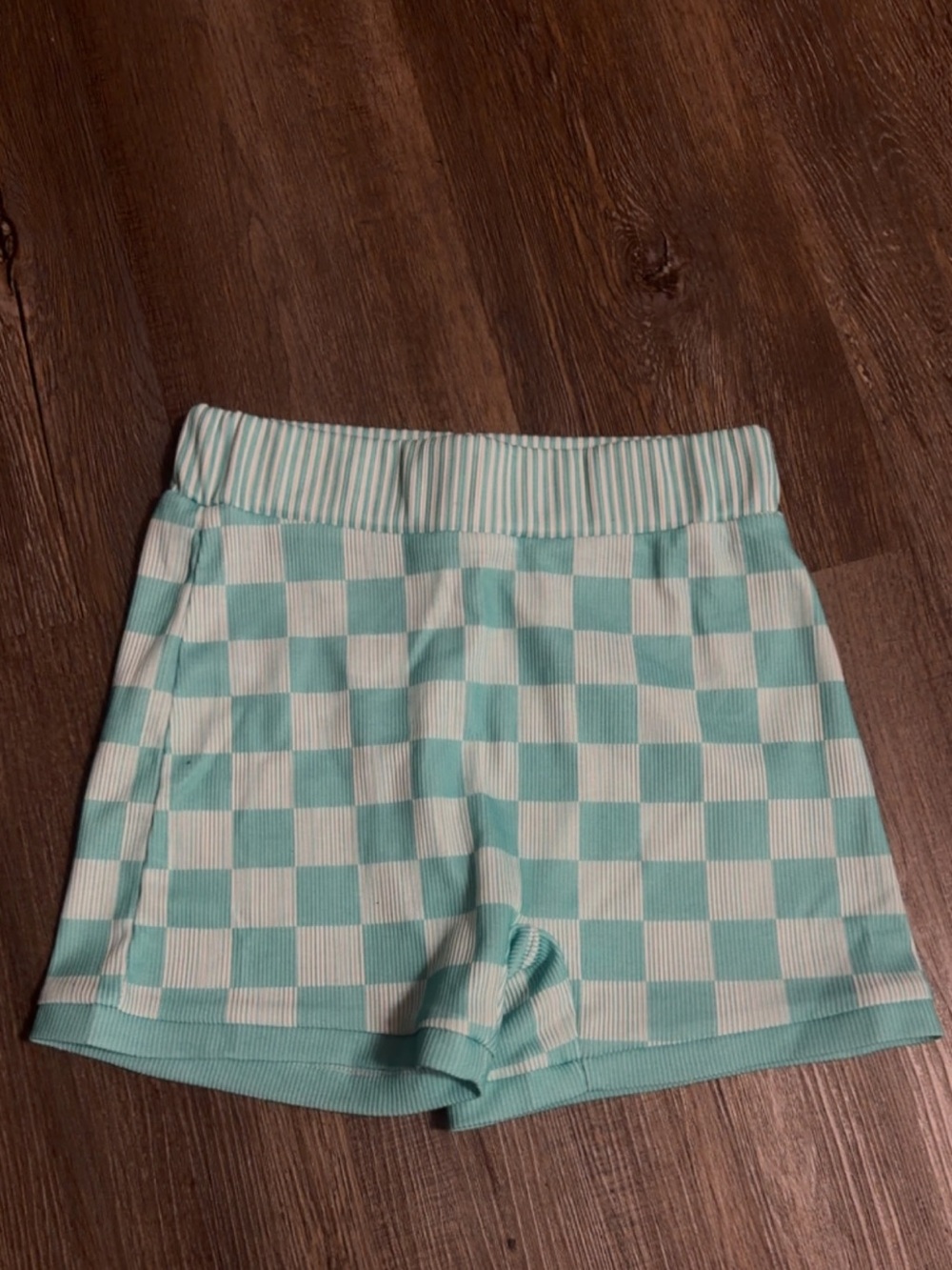 Checkerboard Knit Shorts in Aqua and White